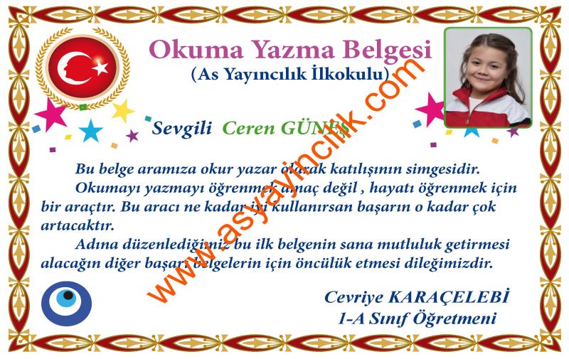 Okuma Yazma Belgesi -2 (A5 )